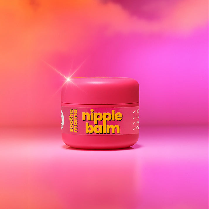 Pink balm jar with 'nipple balm' text on a colorful gradient background