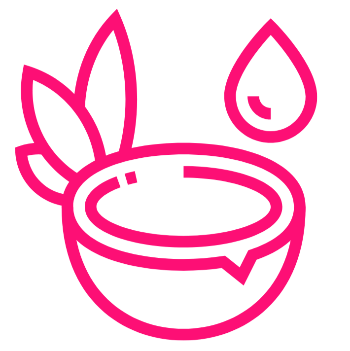 Pink icon of a bowl with a drop and leaves on a white background
