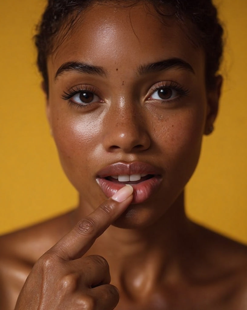 Woman with a finger on her lips against a yellow background